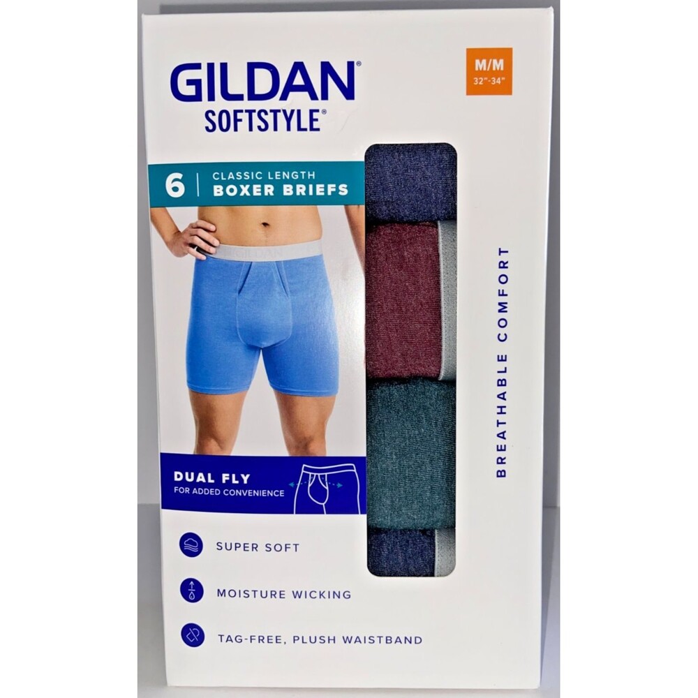 Gildan Softstyle Boxer Briefs 6 Pack Men’s Medium Moisture Wicking Dual Fly NEW
